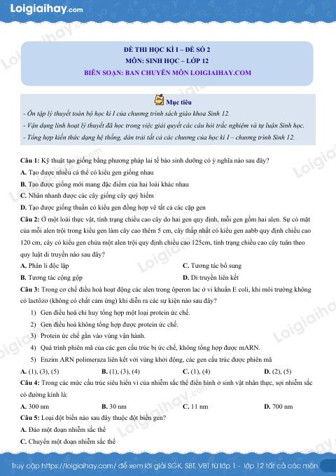 Đề số 2 - Đề kiểm tra học kì 1 - Sinh học 12